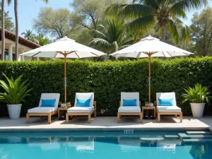 Double Umbrella Pool Patio - Luxurious poolside patio with two large white market umbrellas shading comfortable lounge chairs. Blue cushions and tropical planters create a resort-like atmosphere