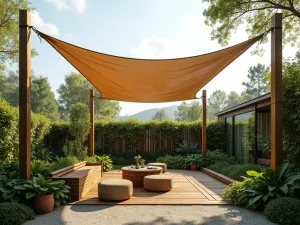 Eco-Friendly Green Space - Sustainable shade sail setup with recycled posts, surrounded by vertical gardens and native plants, natural furniture, photorealistic