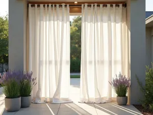 Elegant White Outdoor Curtains - Flowing white linen curtains draped elegantly between modern stone pillars on a contemporary patio, creating a soft diffused light effect, with potted lavender plants adding color