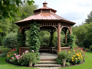 English Garden Gazebo - Octagonal Victorian style gazebo with copper roof, climbing clematis and honeysuckle, surrounded by cottage garden flowers