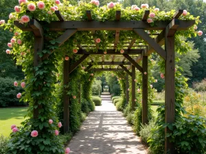 English Garden Pergola Walk - A long wooden pergola walkway covered in trained climbing roses and honeysuckle, creating a shaded path through a traditional English garden