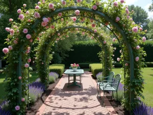 English Garden Shade Arbor - A romantic Victorian-style metal arbor painted in sage green, covered with climbing roses and clematis. Cast intricate shadows over a brick patio with vintage-inspired wrought iron furniture and borders of lavender and boxwood.