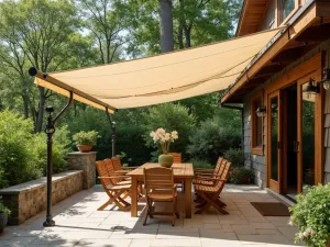 Farmhouse Pulley Shade - Rustic manual pulley system with natural canvas shade, complementing a farmhouse style patio with wooden furniture