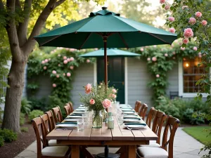 Farmhouse Table Umbrella Setting - Rustic farmhouse patio with a classic green market umbrella shading a long wooden dining table. Mason jar centerpieces and climbing roses add charm