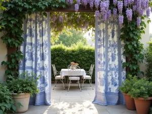 French Country Toile Curtains - Classic toile pattern outdoor curtains in blue and white, creating a French country patio with climbing wisteria