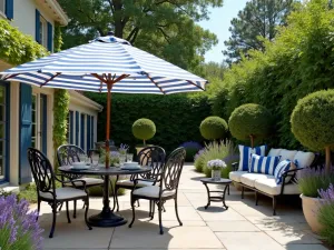 French Country Umbrella Courtyard - Provence-inspired patio with a striped market umbrella in blue and white, wrought iron furniture, and limestone pavers. Lavender and topiaries line the space