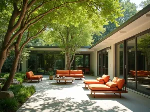 Honey Locust Canopy Deck - Bright patio space under the filtered shade of honey locust trees, with their fine leaves creating intricate shadow patterns, mid-century modern furniture, afternoon light