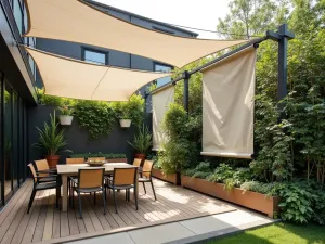 Industrial Cable-Mounted Curtains - Heavy canvas curtains mounted on industrial steel cables, creating a modern urban patio space with vertical garden elements