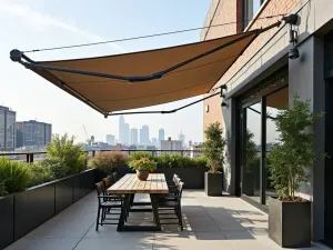 Industrial Cable Shade System - Industrial style retractable shade with exposed steel cables and pulleys, covering an urban rooftop patio with concrete elements