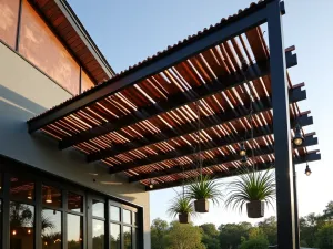 Industrial Corrugated Metal Pergola - A bold industrial-style pergola featuring corrugated metal panels arranged in a slatted pattern, creating interesting shadow play. The structure combines raw steel beams with weathered copper panels, complemented by string lights and hanging air plants in geometric containers.