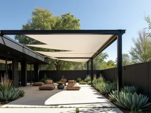 Industrial Metal Pergola with Fabric Panels - A modern industrial-style black metal pergola with white flowing fabric panels, creating dynamic shade patterns on a concrete patio with sculptural succulents