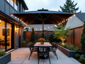 Industrial LED Umbrella Space - Contemporary patio with a black solar-powered LED market umbrella, industrial metal furniture, and concrete flooring. String lights add ambient lighting