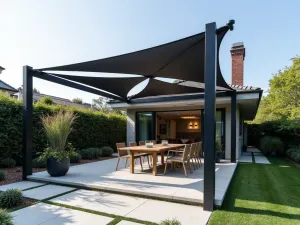 Industrial Metal Pergola with Shade Sail - A black steel pergola structure with modern triangular shade sails in charcoal grey, over a contemporary concrete patio with geometric planters