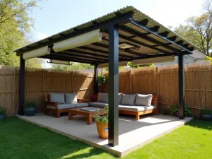 Industrial Modern Pergola Gazebo - Steel frame gazebo with corrugated metal roof, retractable canvas shade, surrounded by tall bamboo screens