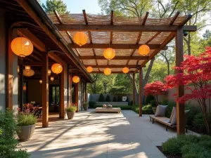 Japanese Bamboo Shade Structure - An Asian-inspired patio with a bamboo rod shade structure, featuring paper lanterns and potted Japanese maples, creating zen-like atmosphere