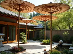 Japanese Garden Parasol Setting - Traditional Japanese bamboo and paper parasols in varying sizes mounted on adjustable stands, creating artistic shade patterns over a zen-inspired patio. Stone lanterns and potted Japanese maple trees complement the scene, with a small water feature adding tranquility.