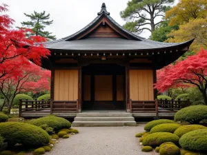 Japanese Garden Pavilion - Traditional Japanese wooden gazebo with curved pagoda roof, bamboo screens, surrounded by Japanese maples and moss garden