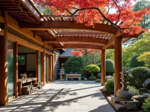 Japanese Garden Pergola - A traditional wooden pergola with curved beams, covered in trained Japanese maple branches, creating shade over a zen garden patio with stone lanterns