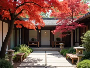 Japanese Maple Shade Garden - Intimate patio space sheltered by elegant Japanese maple trees, with their distinctive red foliage creating a natural canopy, zen-inspired furnishings, and stone lanterns, architectural photography style