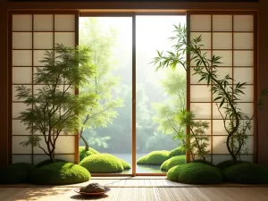 Japanese Noren-Style Panels - Split panel curtains inspired by Japanese noren designs, creating zen atmosphere with bamboo plants and moss gardens