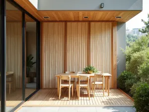 Japanese Style Screen - A lightweight wooden screen inspired by Japanese design, with removable panels providing adjustable shade on a zen-styled apartment patio