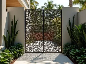 Laser Cut Metal Panel Screen - An artistic metal screen with intricate laser-cut patterns creating decorative shadows on a contemporary patio, complemented by architectural plants