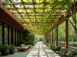 Lattice Panel Shade - Simple wooden lattice panels mounted overhead with emerging grape vines providing natural shade