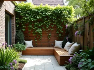 Living Wall Privacy Screen - Small urban patio with a wooden privacy screen covered in climbing ivy and wisteria, providing natural shade with integrated bench seating