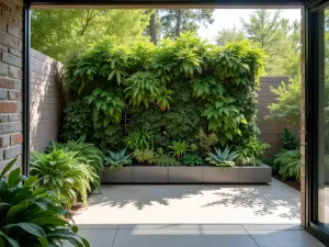 Living Green Wall Shade Screen - A vertical garden wall creating natural shade on a contemporary patio, featuring various ferns, succulents, and trailing plants in a modular living wall system