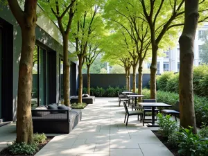 London Plane Tree Plaza - Urban patio space shaded by tall London plane trees, with mottled bark adding interest, modern concrete pavers, and sleek metal furniture, urban photography style