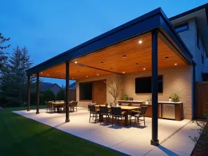 Contemporary Louvered Roof System - A high-end patio with adjustable aluminum louvers, creating controllable shade with built-in LED lighting and modern outdoor kitchen area