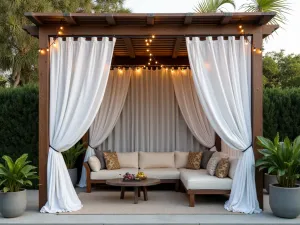 Luxury Cabana with Curtains - An elegant outdoor cabana structure with flowing white weather-resistant curtains that can be drawn for privacy. The wooden frame features a slatted roof and is decorated with subtle LED string lights. A plush outdoor sectional and tropical potted plants complete the resort-like atmosphere.