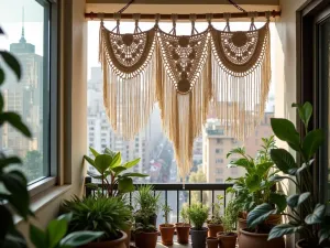 Macramé Shade Panel - Handcrafted macramé panels hanging from a tension rod, creating bohemian-style filtered shade on a small apartment balcony with potted plants