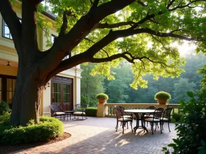 Magnolia Shade Sanctuary - Elegant patio beneath a sprawling southern magnolia tree, with large glossy leaves providing dense shade, traditional wrought iron furniture, and brick paving, soft evening light