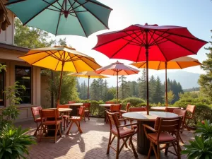 Market Umbrella Cluster - Group of second-hand market umbrellas in coordinating colors, clustered together to create a playful shade solution