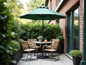 Market Umbrella Corner Setup - A compact market umbrella in sage green positioned in the corner of a small apartment patio, creating a cozy shaded dining nook