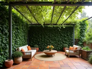 Mediterranean Green Wall Shade - A steel frame structure supporting a living green wall that provides natural shade. Featuring cascading vines, climbing fig, and flowering climbers, creating a verdant canopy over a terracotta-tiled patio with Mediterranean-style furniture and pottery.