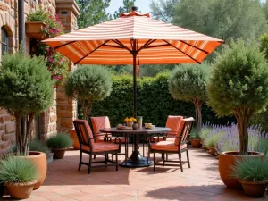 Mediterranean Market Umbrella Garden - Rustic Mediterranean patio with terra cotta tiles, featuring a striped market umbrella in burnt orange and cream. Potted olive trees and lavender border the seating area