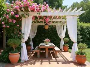 Mediterranean Pergola with Climbing Roses - A white-painted timber pergola adorned with pink climbing roses and billowing white curtains, overlooking a terracotta-tiled patio with Mediterranean pottery