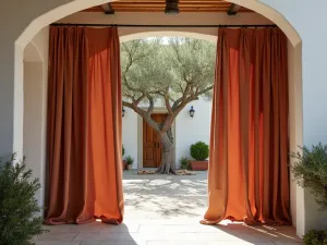 Mediterranean Privacy Curtains - Terracotta-colored outdoor curtains between whitewashed pillars, creating a private Mediterranean-style patio with olive trees