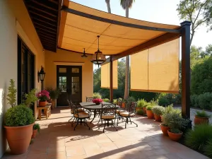 Mediterranean Roll-up Bamboo Shade - Mediterranean style patio with natural bamboo roll-up shades, terra cotta pots, and wrought iron furniture, warm afternoon lighting