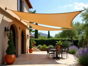 Mediterranean Shade Haven - Sandy beige shade sails over Mediterranean-style patio with terracotta pots, wrought iron furniture, and lavender plants, photorealistic