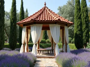 Mediterranean Style Stone Gazebo - Rustic stone gazebo with terracotta roof, draped with flowing white curtains, surrounded by lavender and cypress trees