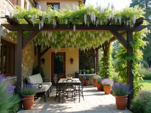 Mediterranean Vine-Covered Pergola - A traditional stone and timber pergola heavily draped with mature wisteria vines, creating natural shade over a Mediterranean-style patio. Terracotta pots with lavender and rosemary line the edges, while wrought iron furniture sits on the natural stone flooring.