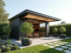 Miniature Shade Pavilion - Compact freestanding pavilion with retractable fabric roof panels, surrounded by dwarf fruit trees in contemporary planters