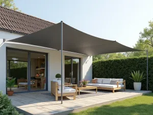 Minimalist Nordic Design - Clean-lined grey shade sails in Scandinavian-style patio with light wood furniture and minimal decorative elements, photorealistic