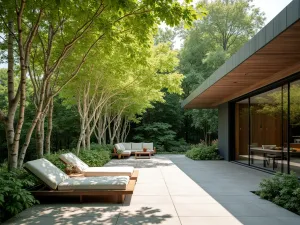 Multi-Tree Canopy Retreat - Spacious patio area protected by a diverse canopy of birch and beech trees, creating layered natural shade, with contemporary loungers and outdoor dining set, bright natural lighting