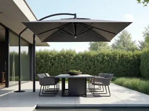 Modern Cantilever Umbrella Patio - Modern patio setting with a large rectangular cantilever umbrella in charcoal gray, hovering over a contemporary outdoor dining set. Clean lines, minimalist furniture, and natural stone flooring