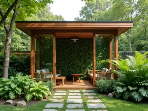 Modern Forest Retreat Gazebo - Contemporary wooden gazebo with glass panels, living green wall, surrounded by tall ferns and shade-loving plants