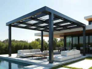 Modern Glass Pergola - A contemporary pergola with tinted glass panels providing shade, featuring integrated solar cells and minimalist furniture on a geometric patio